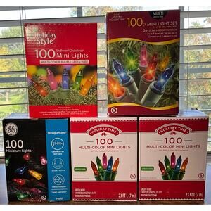 5 New in Boxes 100 Ct Christmas Holiday Lights Multi Color Lights Green Wire